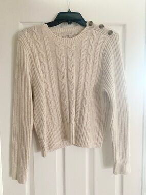 LOFT Cream crop Cable-Knit Crew Sweater with Shoulder Buttons